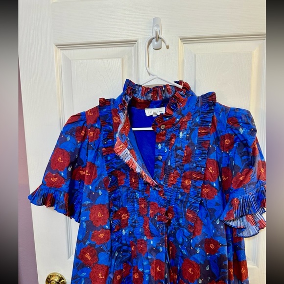 Entro Large Poppy Parade Mini Dress in Cobalt Blue with Red Floral Design - Picture 2 of 4